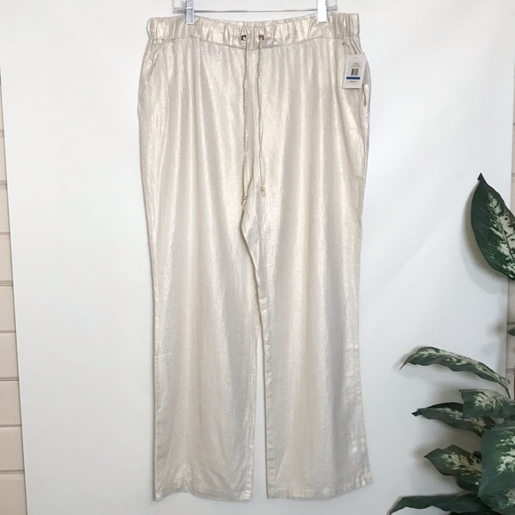 *NWT* ELLEN TRACY Linen Blend Chalk with Gold Foil Pants - Picture 3 of 10